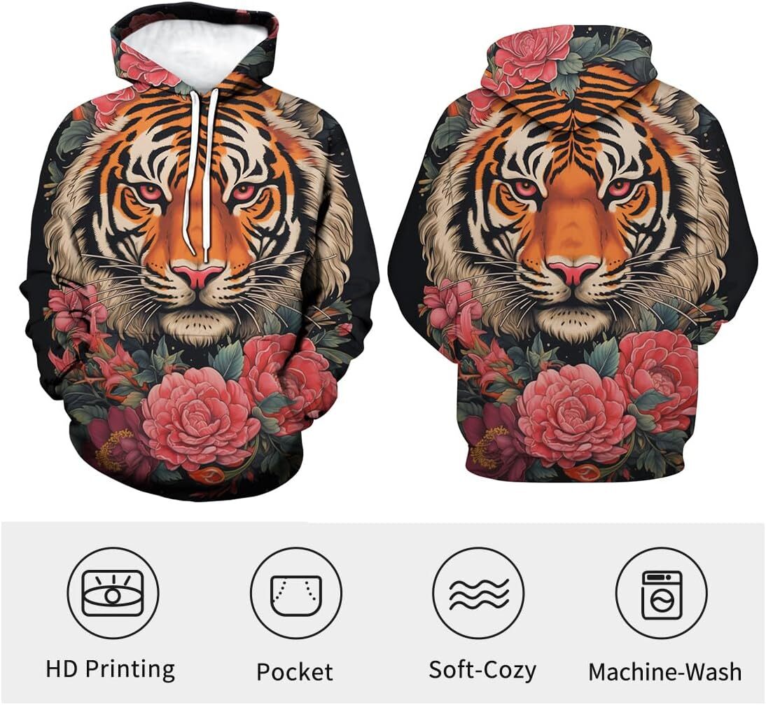 Hoodie for Mens Womens Novelty Cartoon Animal Pattern Hoodie Printed Hooded Tiger Funny Long Sleeved Sweatshirt Hoodie Men GraphicPullover cool