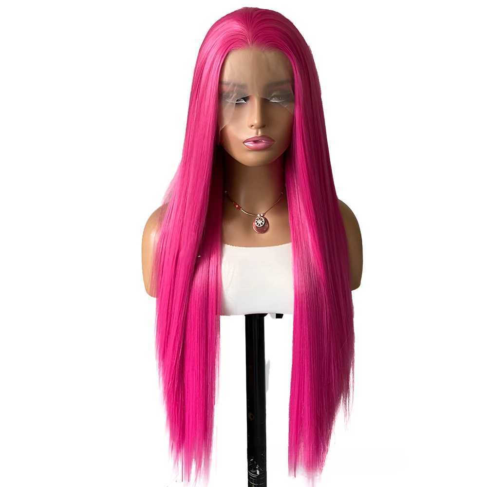 Rose Pink Straight Synthetic Lace Wig Glueless Wigs For Women Natural Hairline Daily Wear Long Pink Wig Cosplay Part Front HairXJ241008