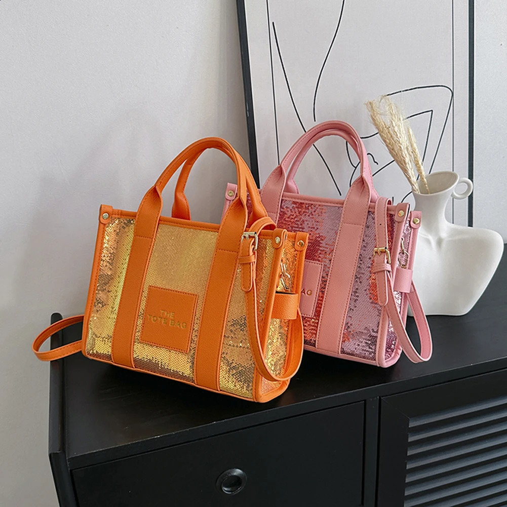 Womens shoulder bag PU leather sequin top handbag casual fashion shiny portable adjustable strap shopping 241008