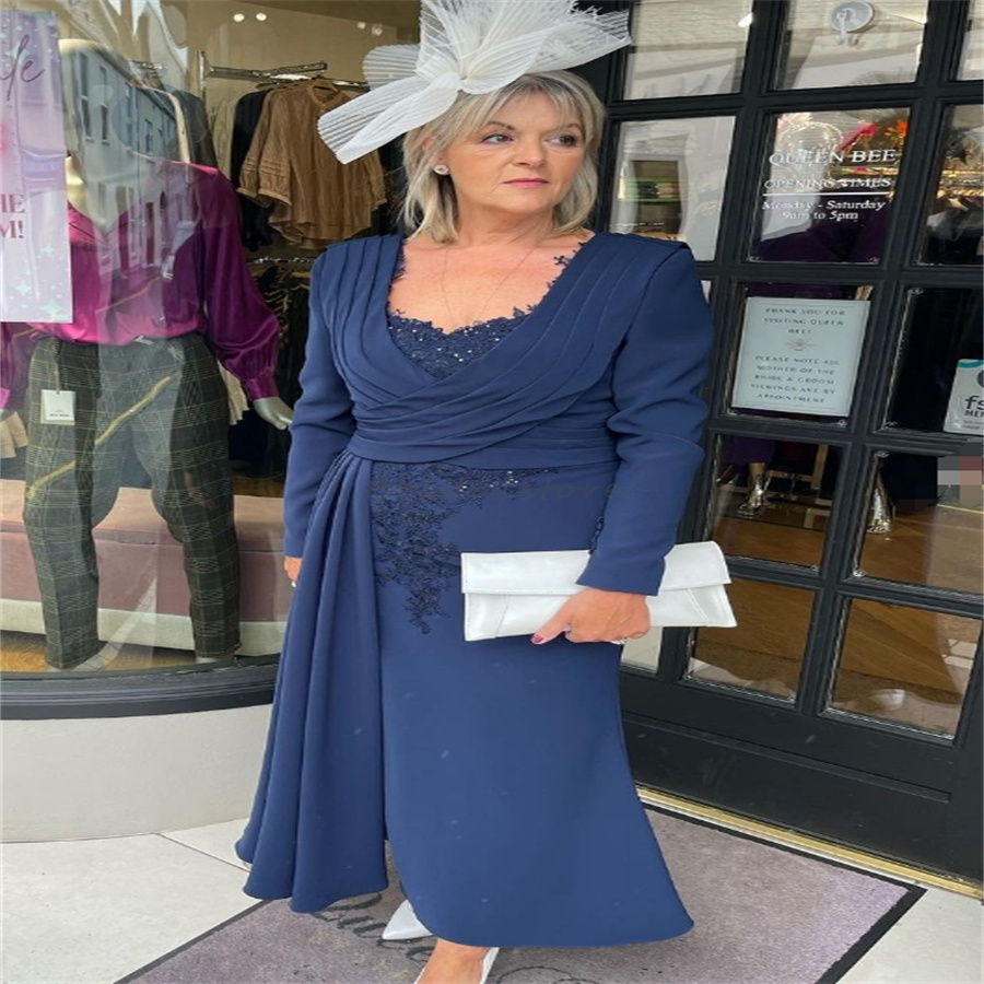 Navy Blue Mother Of The Bride Dress Elegant Appliques Lace Short Wedding Guest Dress Plus Size Long Sleeve Midi Maxi Cocktail Evneing Birthday Party D