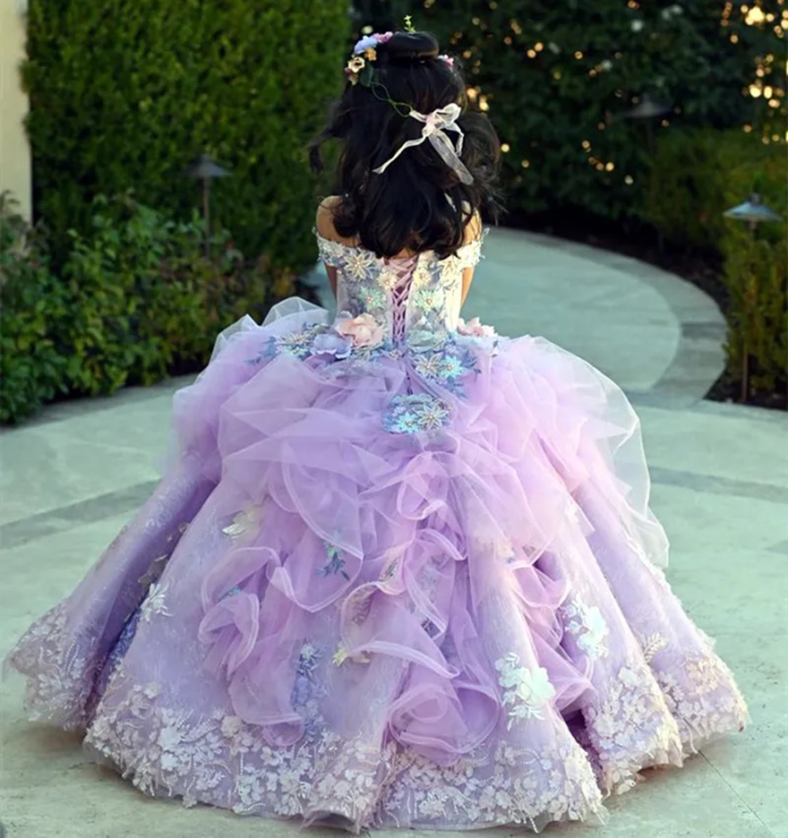 Off The Shoulder Princess wer Girls Dresses For Wedding 3D ral Lace Appliques Lanvender Brithday Party Kids Formal Wear Toddler Long Pageant