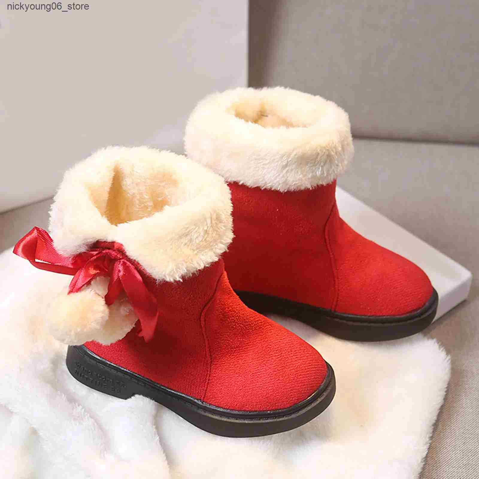 Boots Girls Winter Boots Warm Plush Christmas Red Boots Cute Furry Children Cotton Shoes Anti-slip Kids Students Rubber Snow Boots L240910