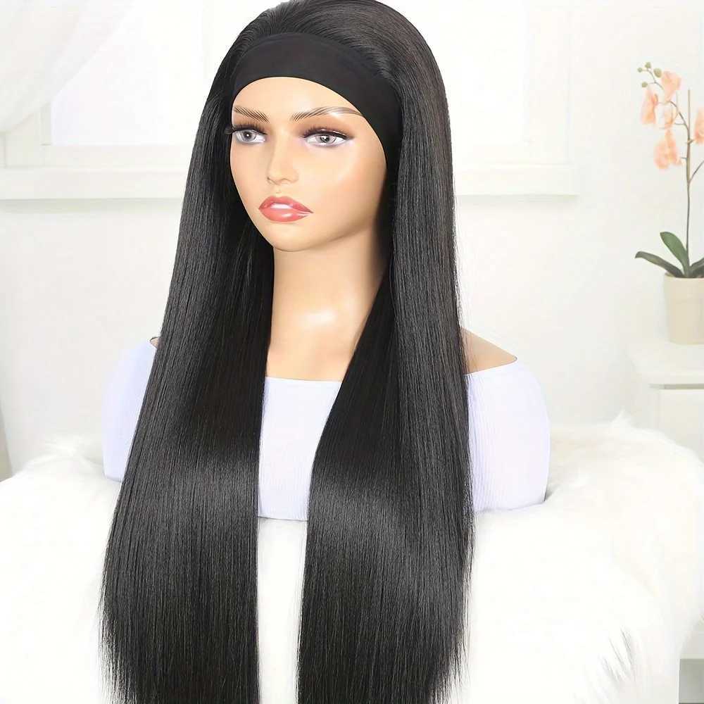 28 Inch Straight Headband Wig Black Heat Resistant Synthetic Hair Womens Headband Wig Full Machine Made Wigs WomenXJ241008