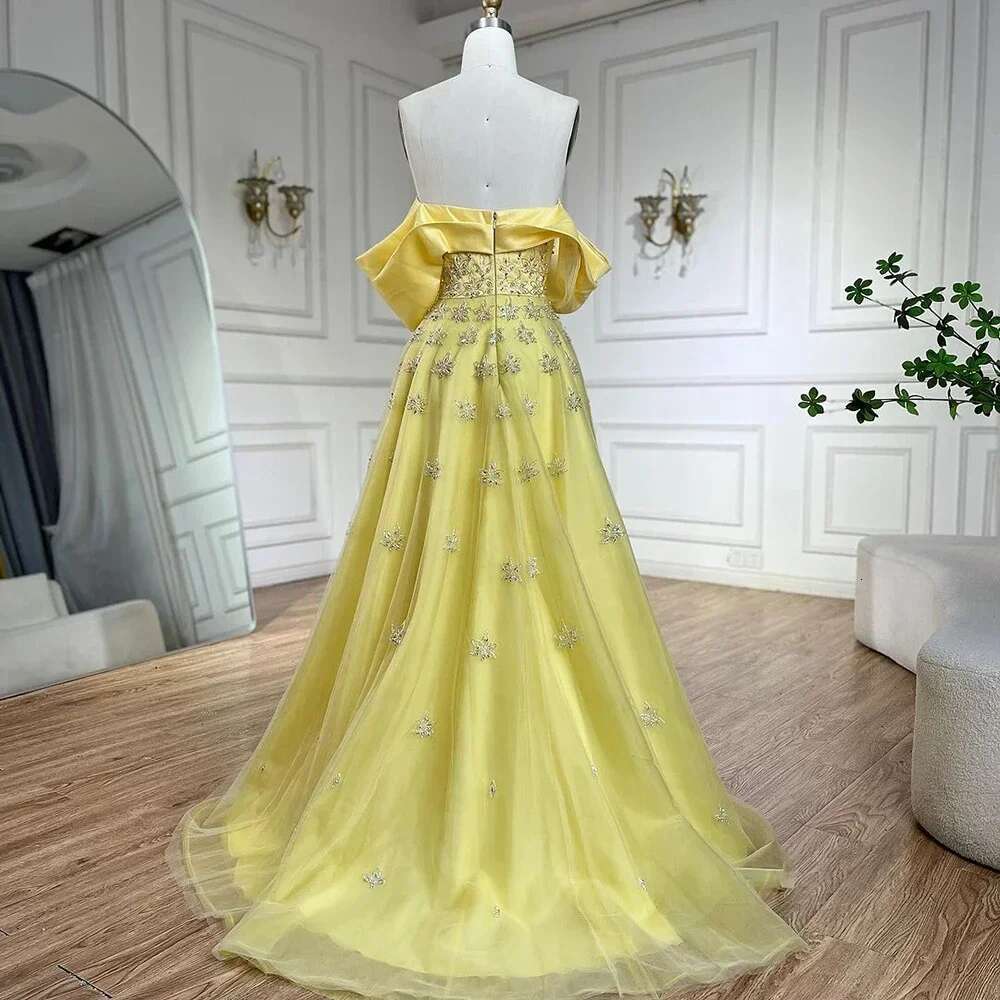 Wasisi Dubai Arabic Yellow Elegant Boat Neck Long Evening Dress Beaded Party Gown for Women's Wedding ELA72531