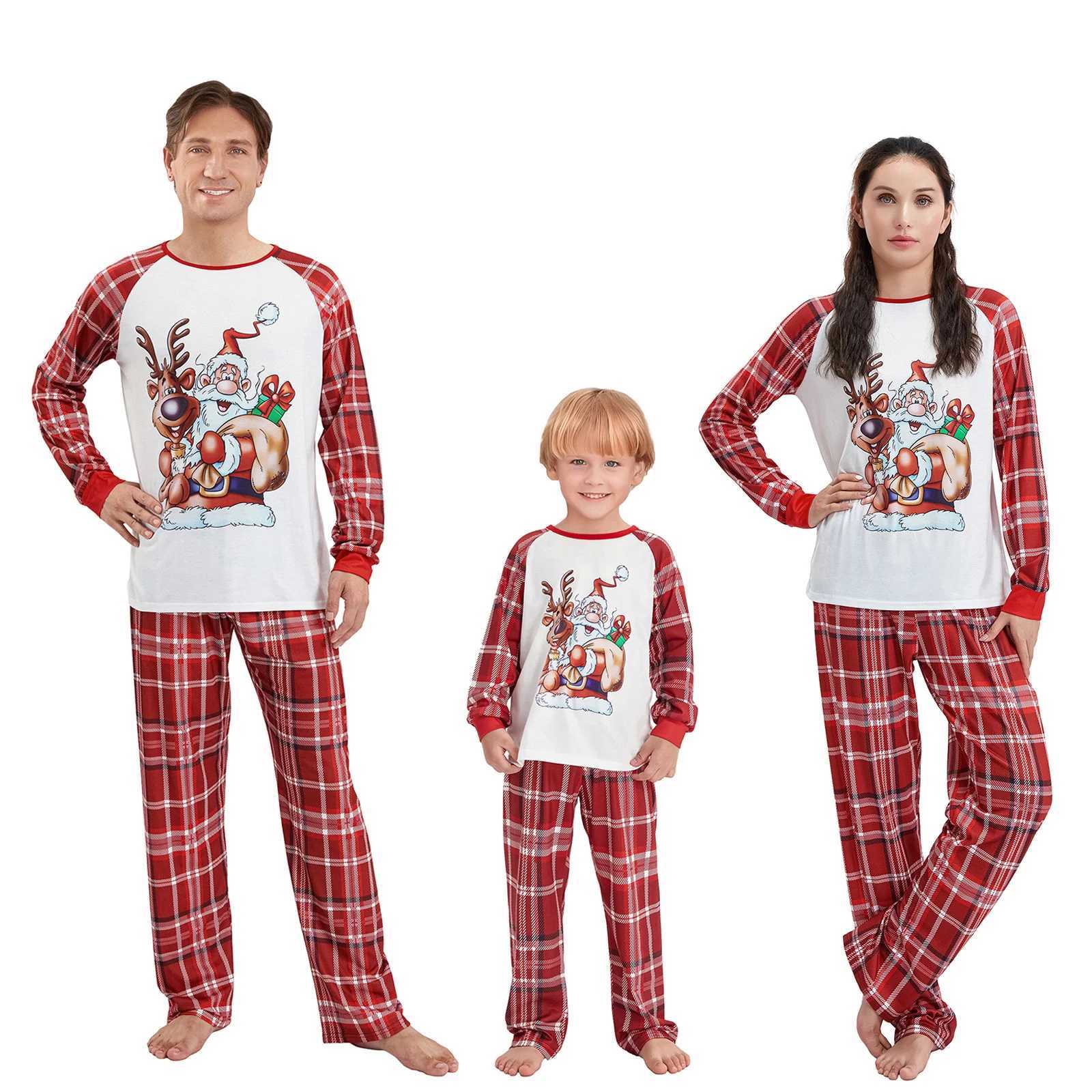Family matching Christmas pajamas deer Santa Claus printed long sleeved top+checkered pattern Trouser pajamas set W241008