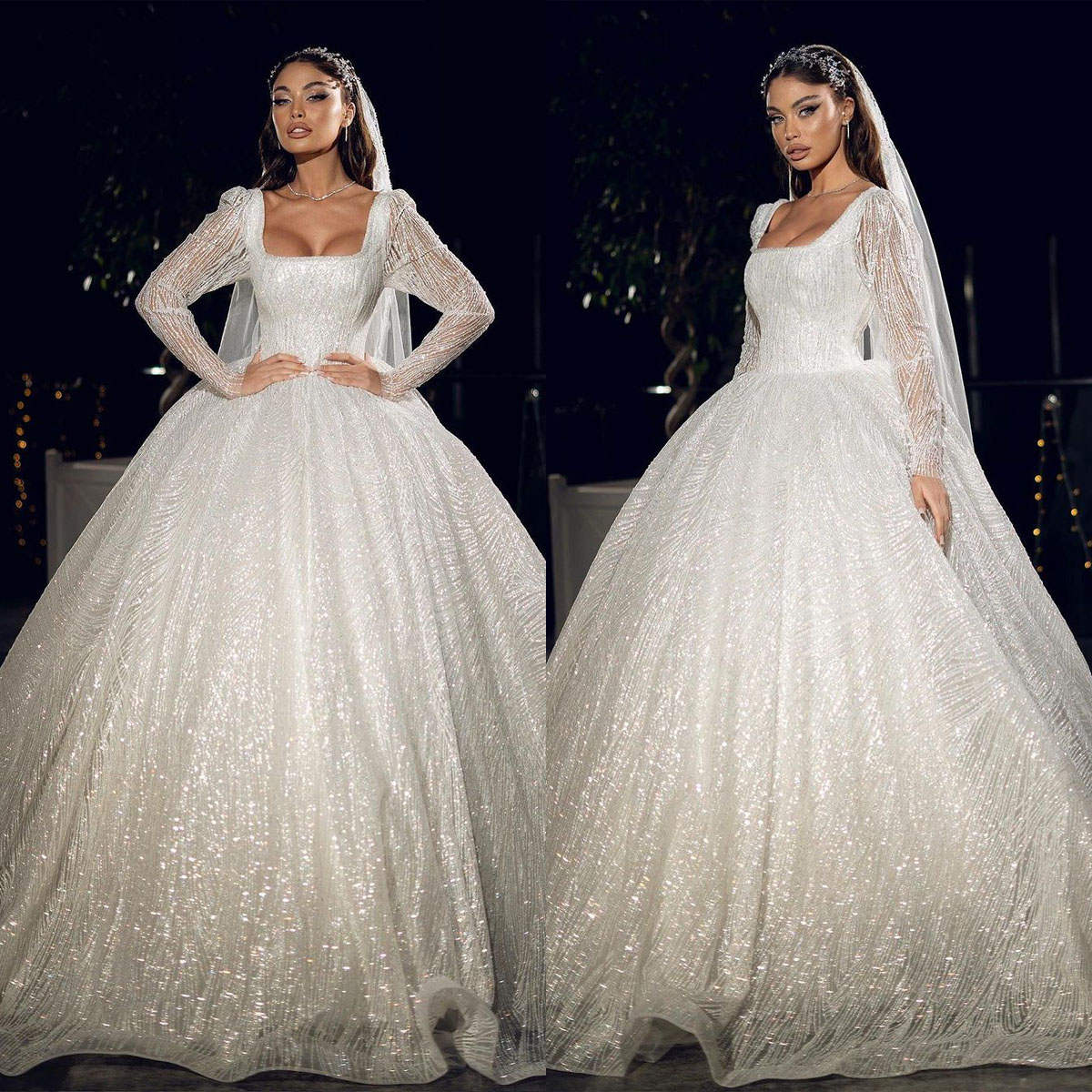 Sparkly Ball Gowns Sequins Square Neck Long Sleeve Wedding Dress Puffy Ruched Sweep Train Tulle Bridal Dresses Custom Made