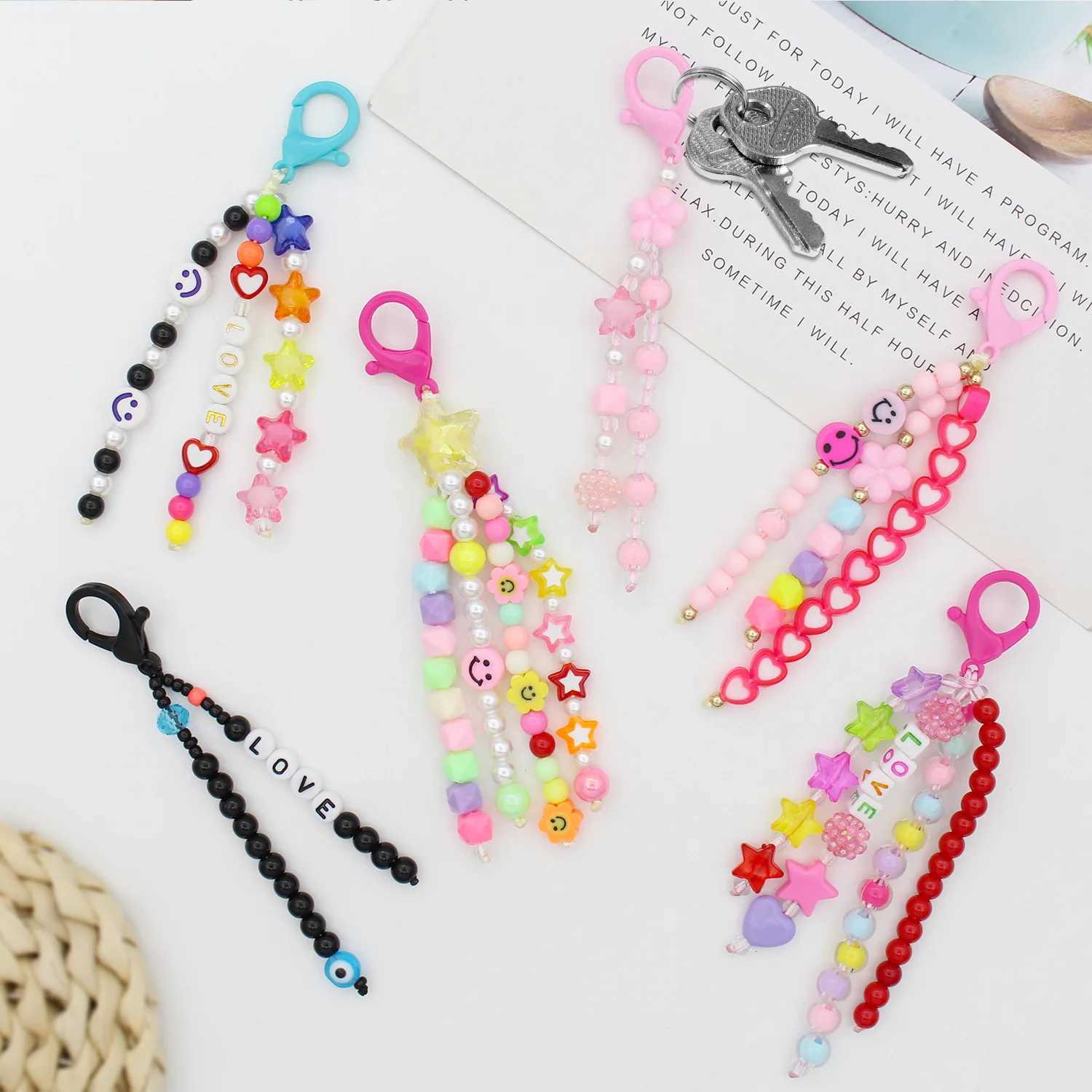Colorful Letter Bead Acrylic Keychain Smile Face Bag Charm Mixed With Small Tassel Pendants Backpack Charm For KidsX241008