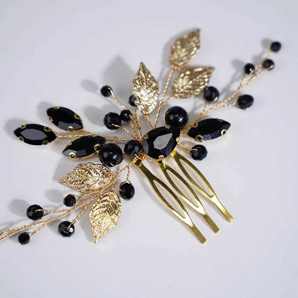Handmade Black Crystal Bridal Leaf Hair Comb Gold Diamond Bridal Hair Slices Female Wedding Hair Accessories W241007