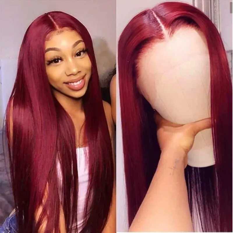 Soft Preplucked Dark Wine Red 26Inch 180Density Straight Lace Front Wig Synthetic 99J Burgundy Baby Hair Glueless Daily Wear WigXJ241008
