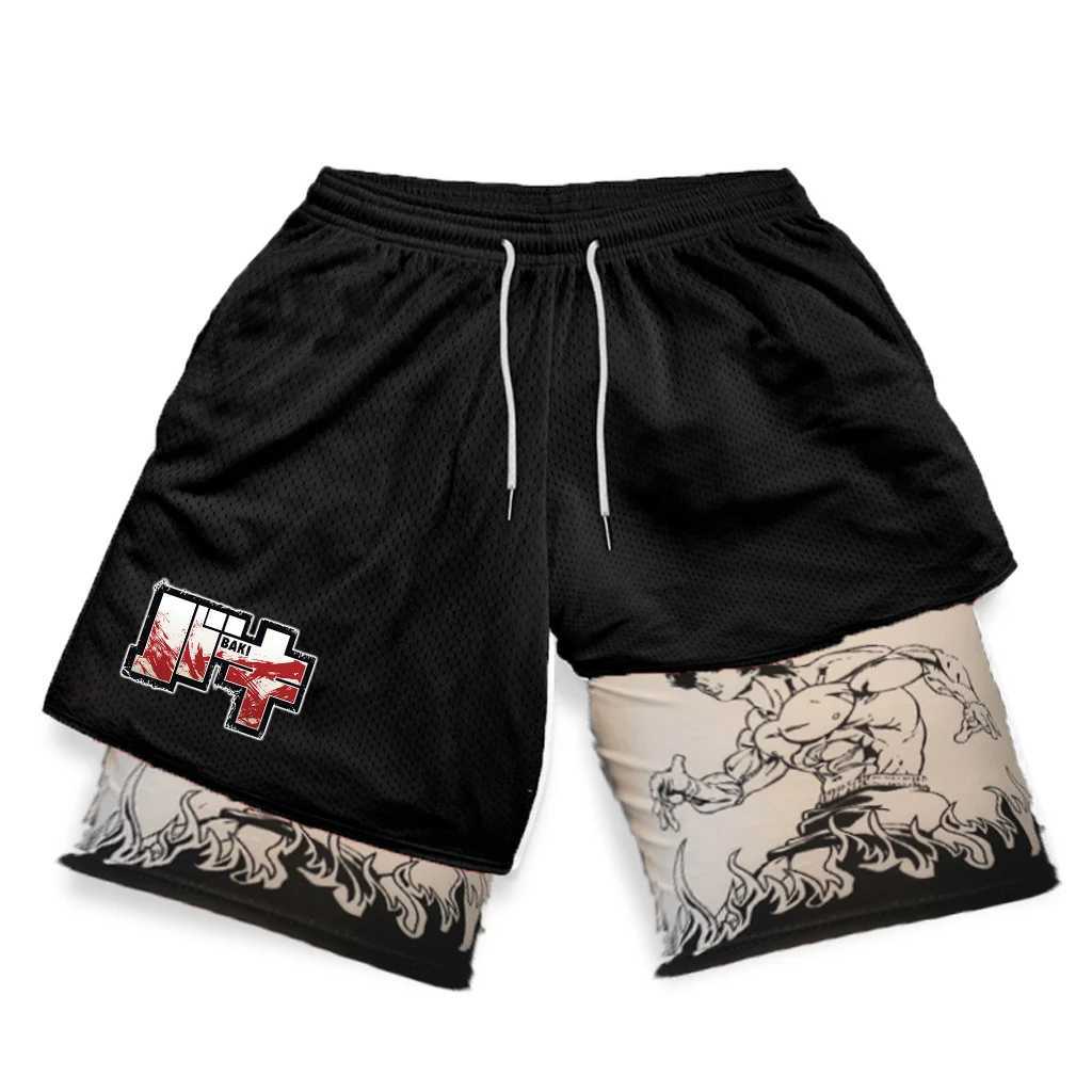Baki Hanma Anime Gym Shorts Mens Manga 3D Printing 2-in-1 Performance Shorts for Exercise Fast Drying Exercise Compression Shorts SummerW240713