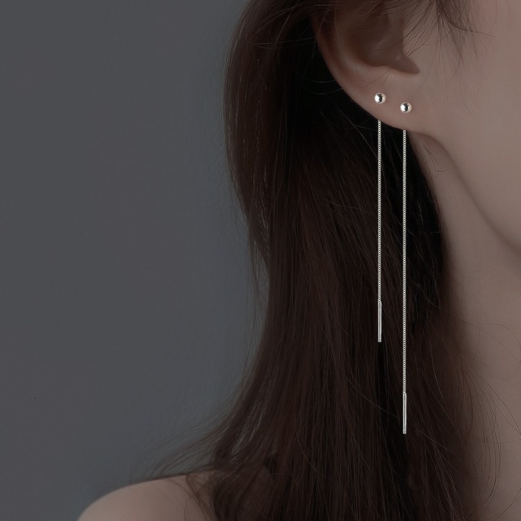 Round bead 2024 new style temperament hole ear line women's silver needle long earrings round face looks slim