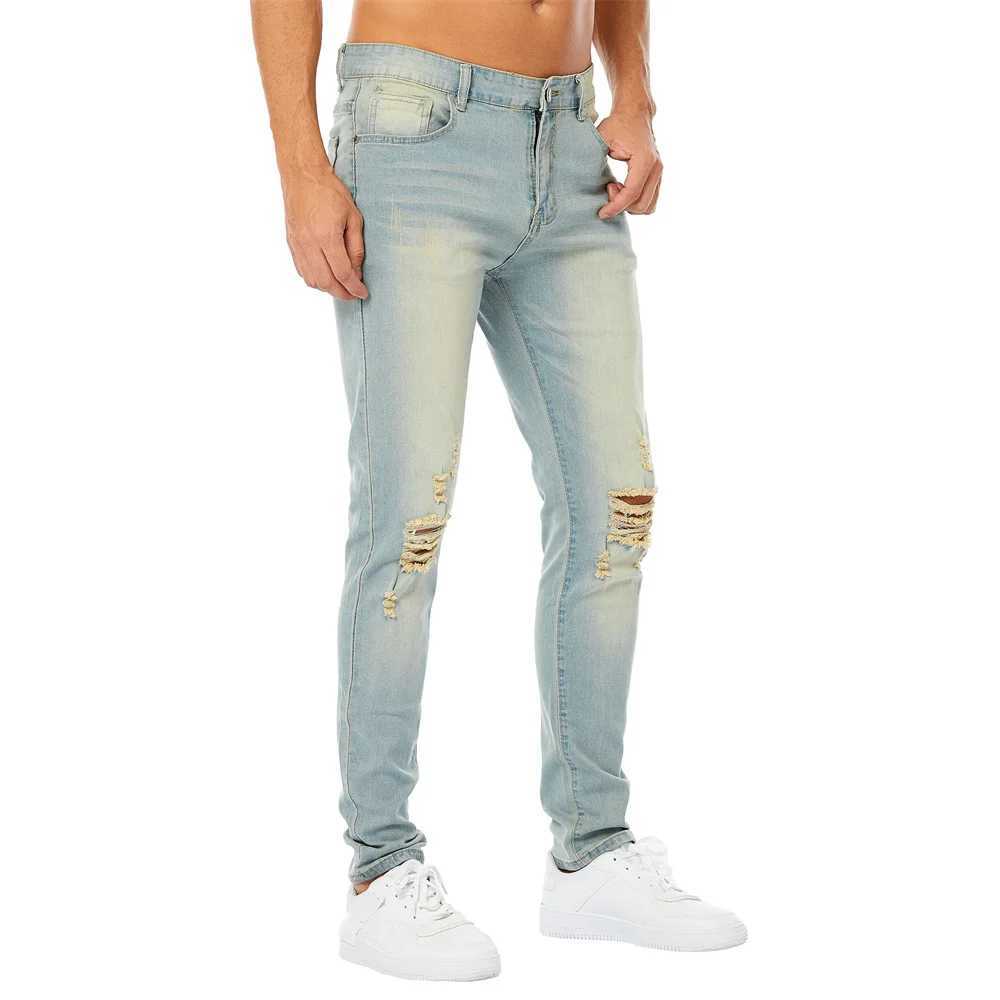 Simple retro style solid hole mens tight jeans Trouser mens fashionable tear elastic casual jeansW240715