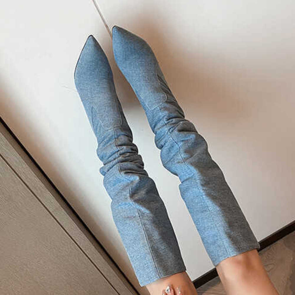 Spicy Girl Style Stacked Martin Boots For Women With Thin Heels Pointed Toes High Heels Long Boots Long Boots Denim Boots 240826