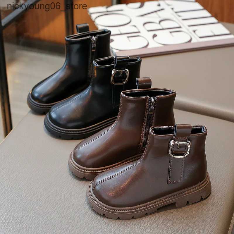 Boots Autumn Winter New 2023 Kids Vintage Leather Boots Girls Waterproof Non-slip Cotton Warm Zipper Princess Ankle Boots Casual Shoes L240910