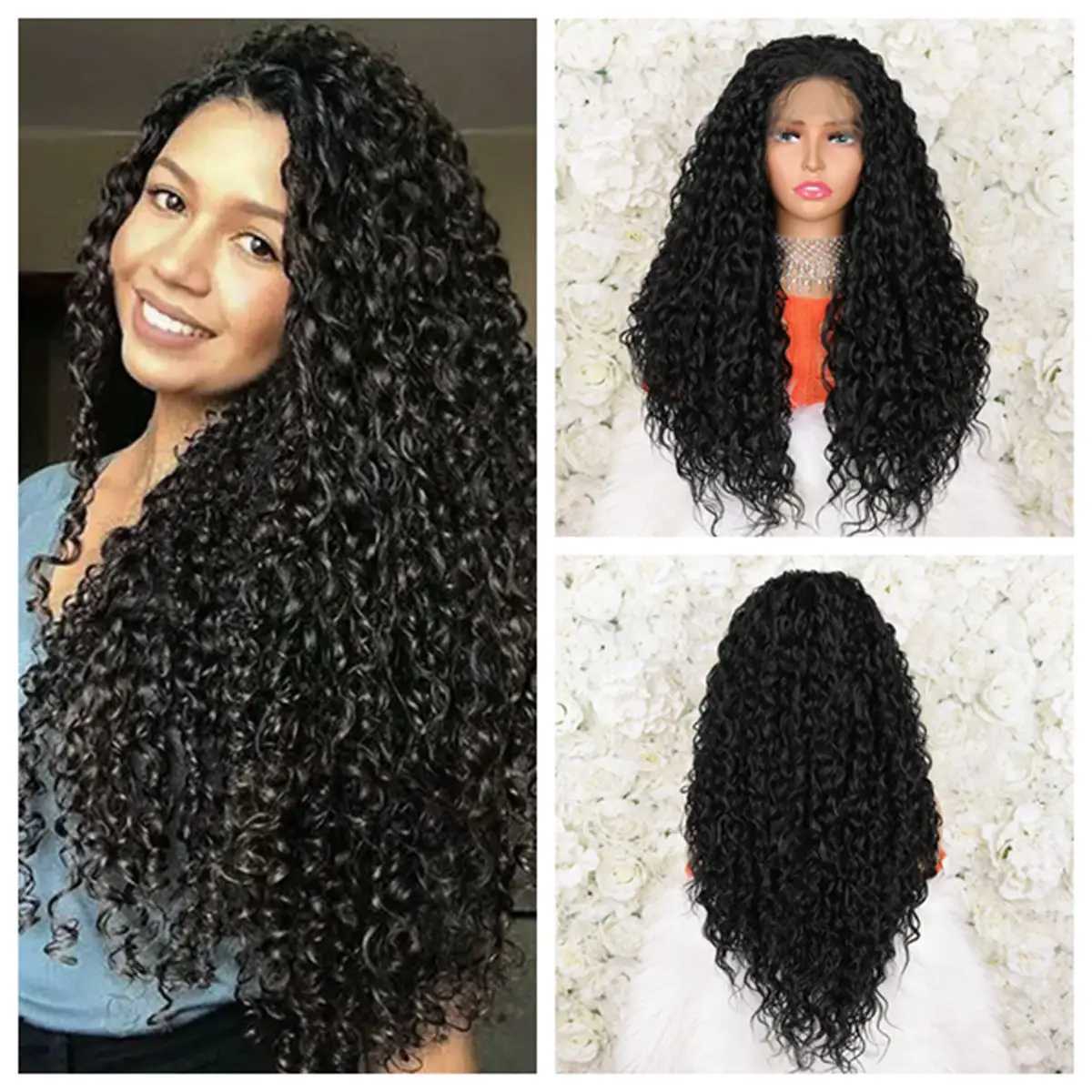 200% Density 13*4 Lace Front Synthetic Wig Long Afro Curly Wig For Women Elegant Natural Looking For Daily UseXJ241008
