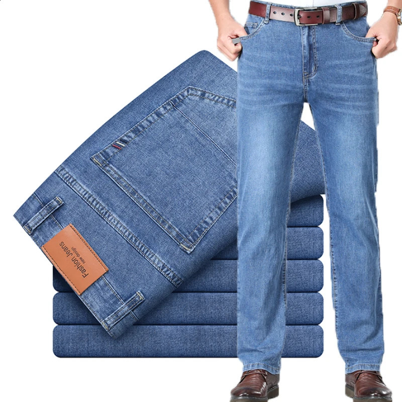SpringSummer Mens Straight Lightweight Cotton Stretch Denim Business Casual High Waist Thin Grey Jeans 241008