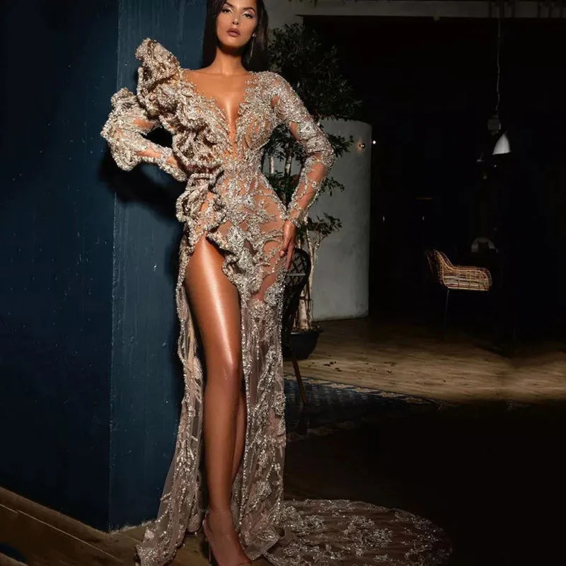 sexy splash gold glitter long sleeved party dress train 241007