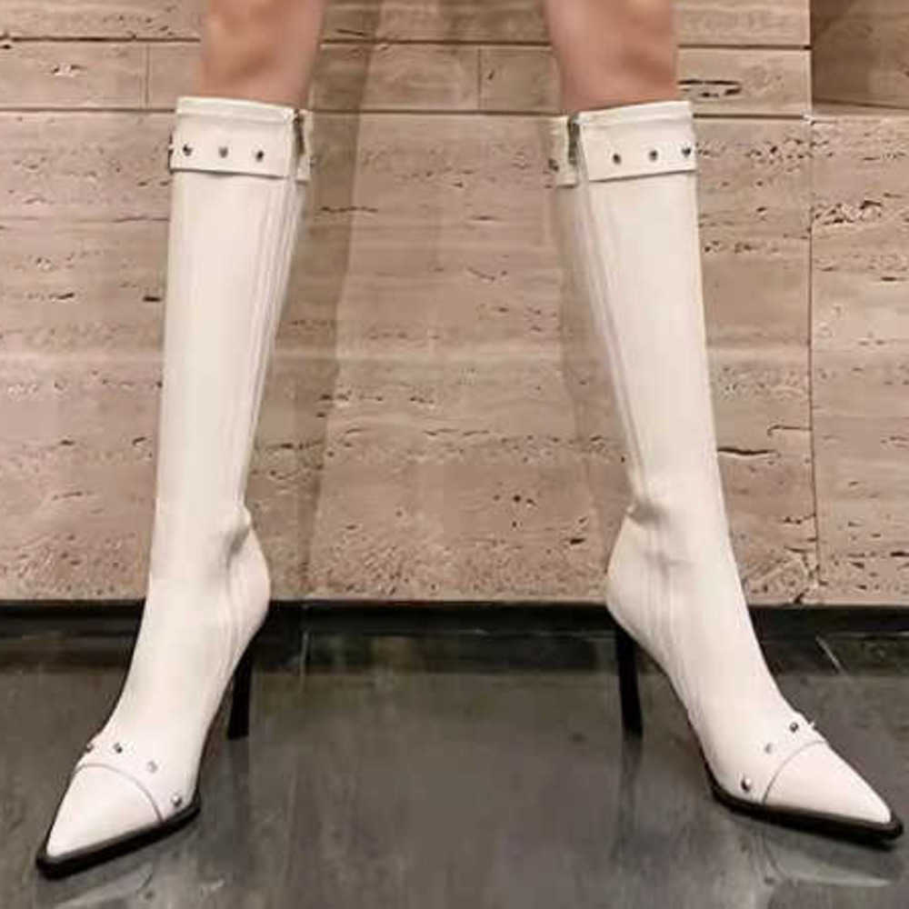 Riveted Long Tube Martin Boots For Women With Slim Heels Fashion Boots French Style Pointed High Tube Boots Black High Heels Slimming Boots 240826