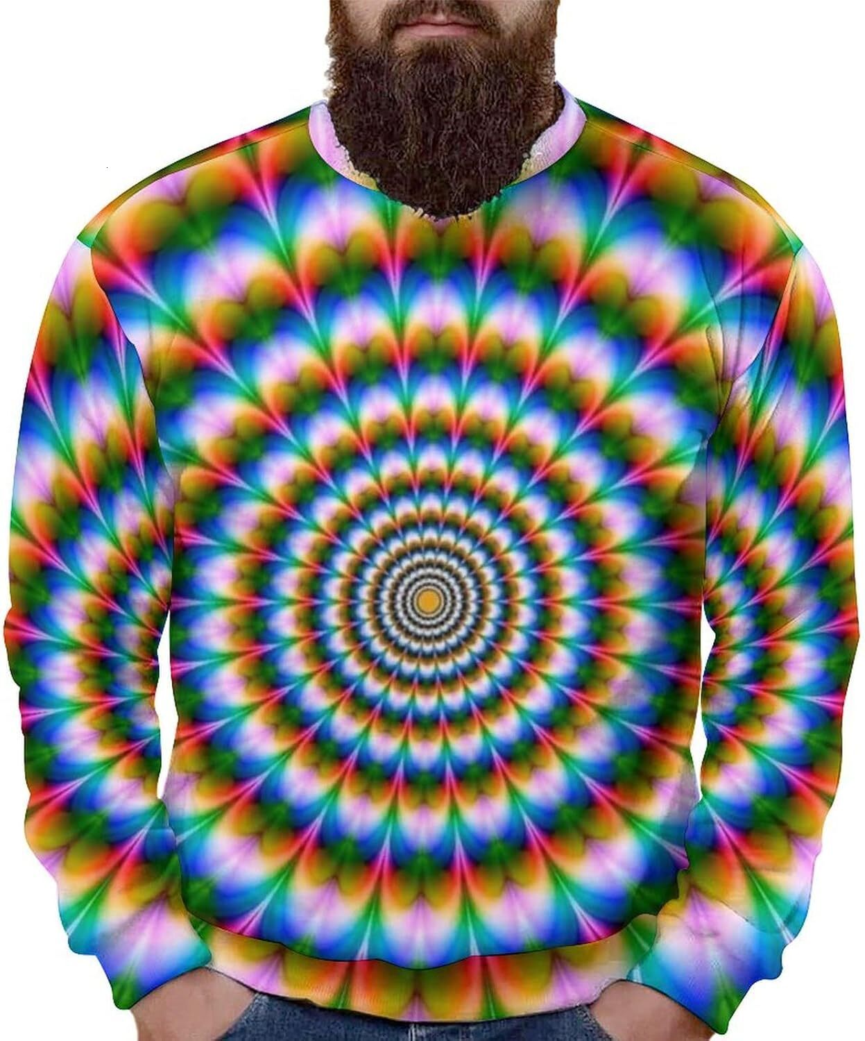 Long Sleeve Shirts for Men sweatshirt Mens Trippy Psychedelic Sweatshirt Optical Illusion Trippy Novelty Focus Drawing Round Neck Pullover T shirt Tee