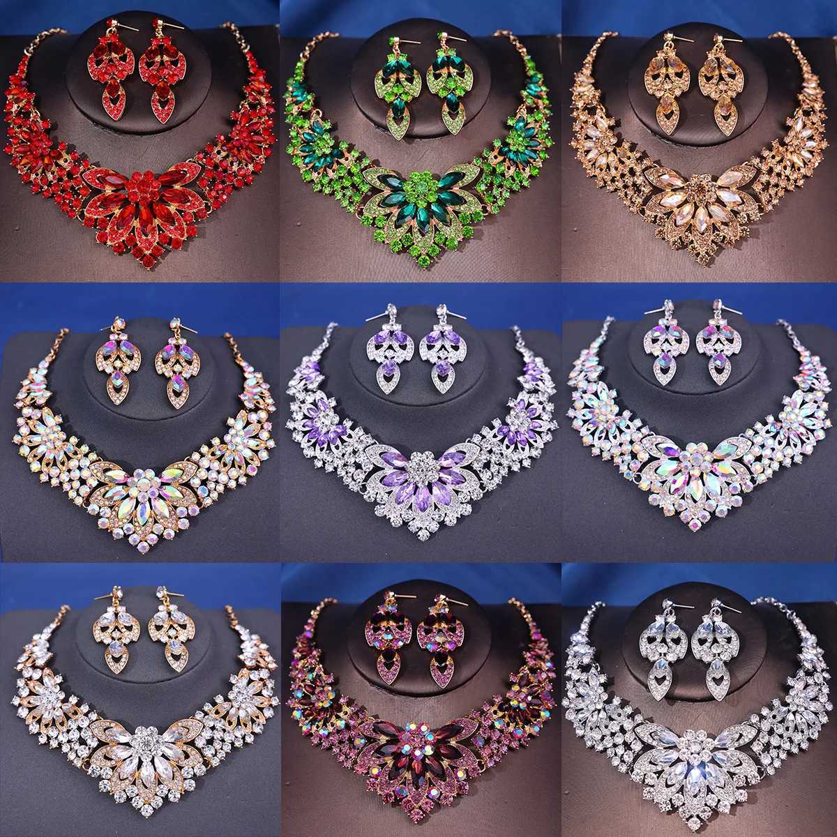 Fashion crystal rhinestone necklace earring set for female brides wedding hair accessories W241007