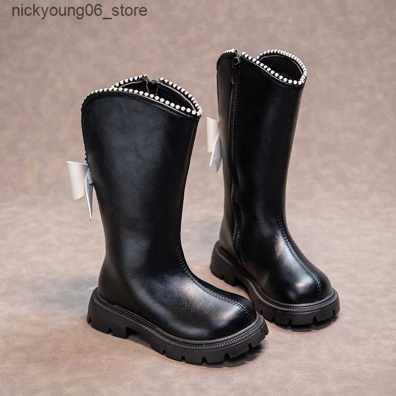 Boots Girls High Boots with Bow-knot Anti-Slippery Fashion Children Beading Elegant Princess Boots Side Zipper Kids Leather Long Boots L240910