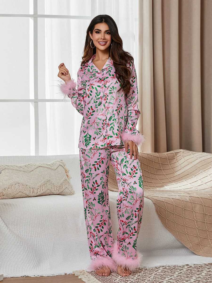 Mom and I Christmas pajama set with feather decoration 2 pieces of pajamas Pjs baby girl lounge pajamas W241008