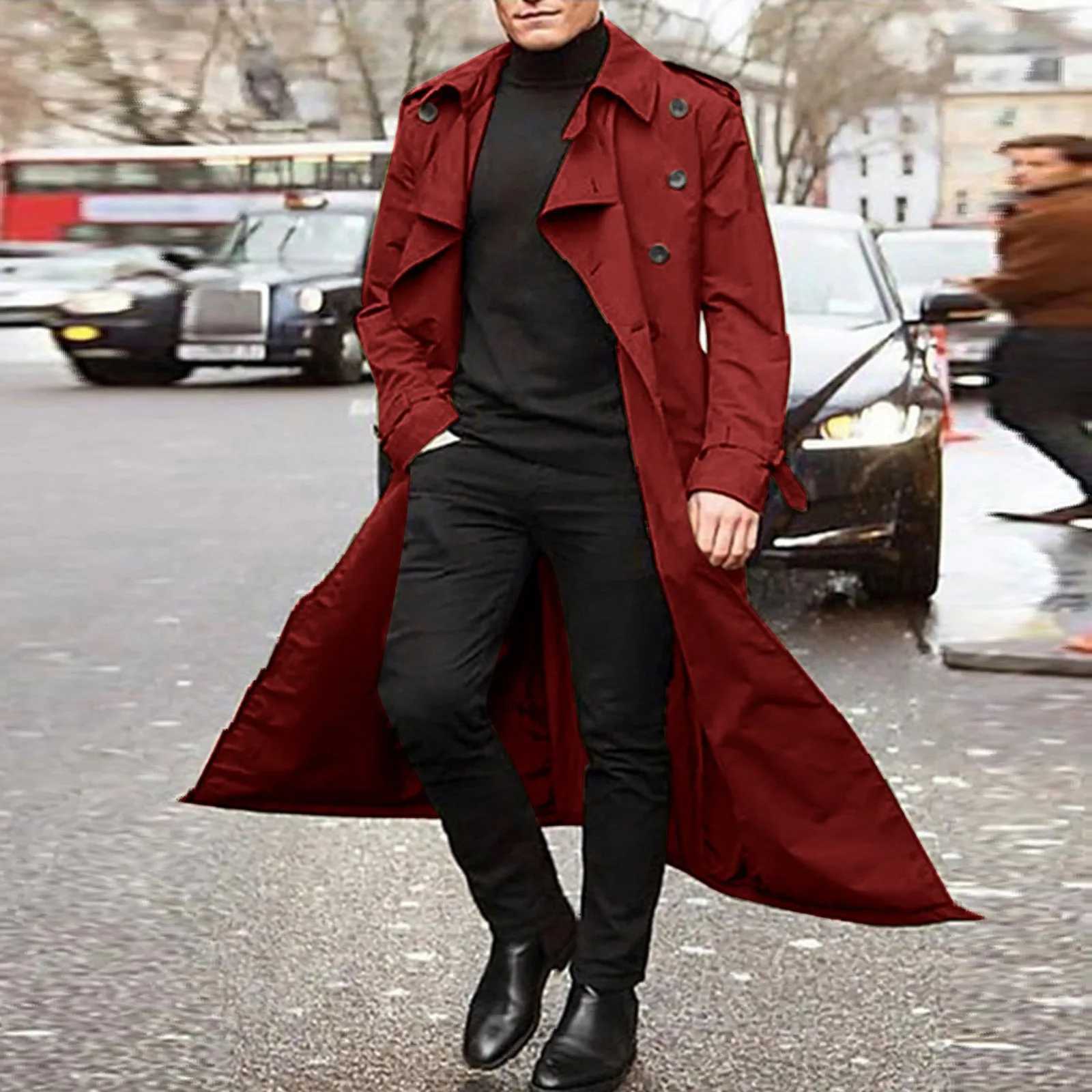 Mens coat autumn and winter fashion handsome long trench coat double chest coat street clothing party belt loose jacket W241007