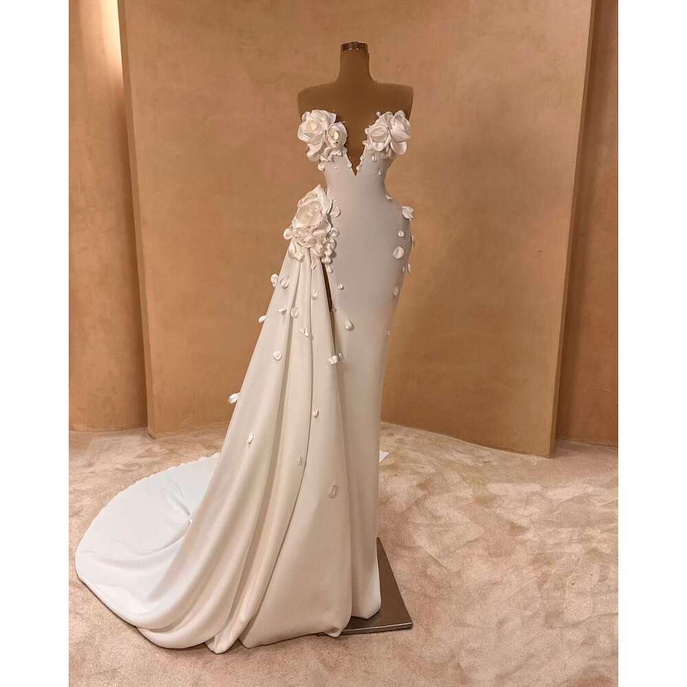 V Neck Satin Mermaid Wedding for Bride 2025 Hand Made 3D wers Overskirt Bridal Dresses Gowns