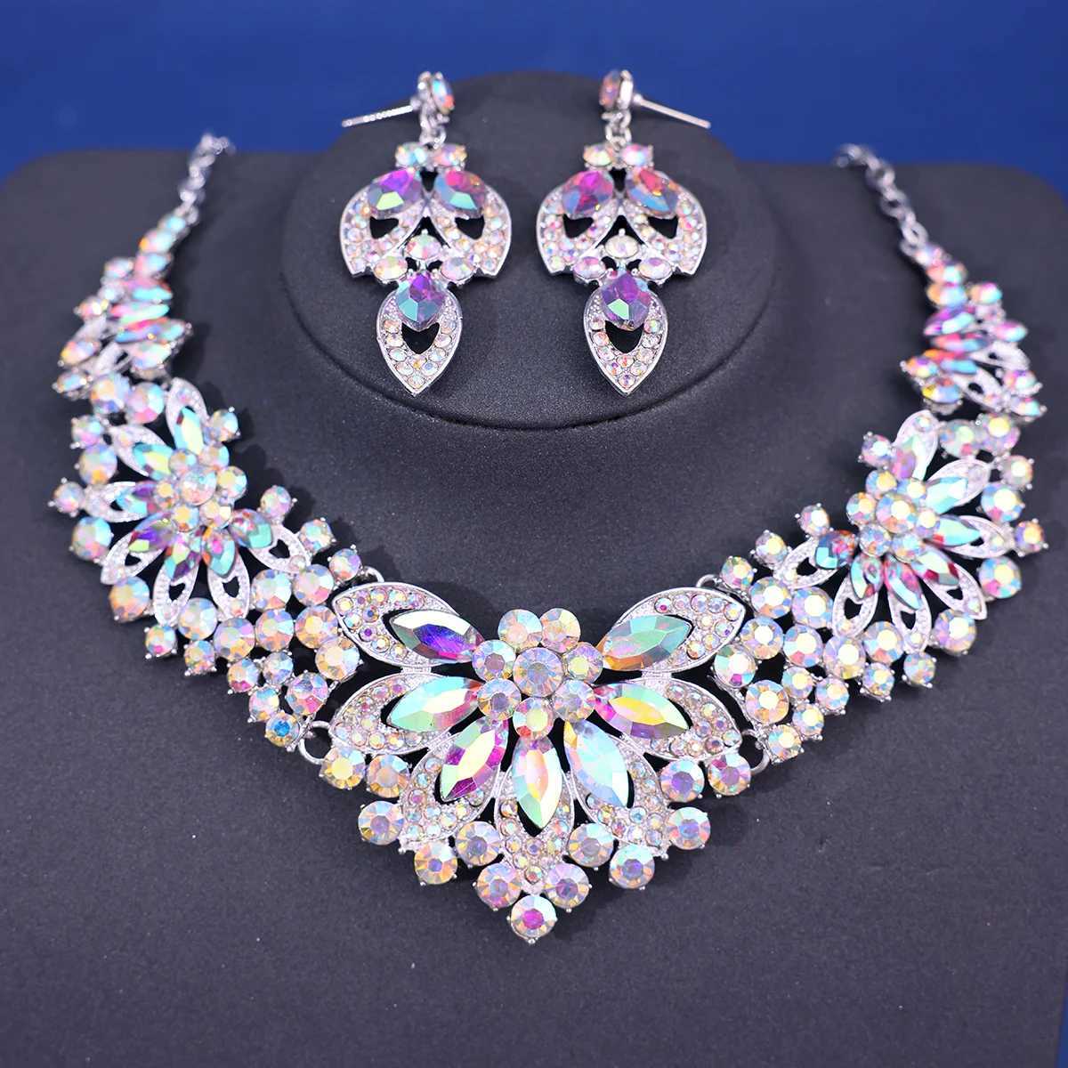 Fashion crystal rhinestone necklace earring set for female brides wedding hair accessories W241007