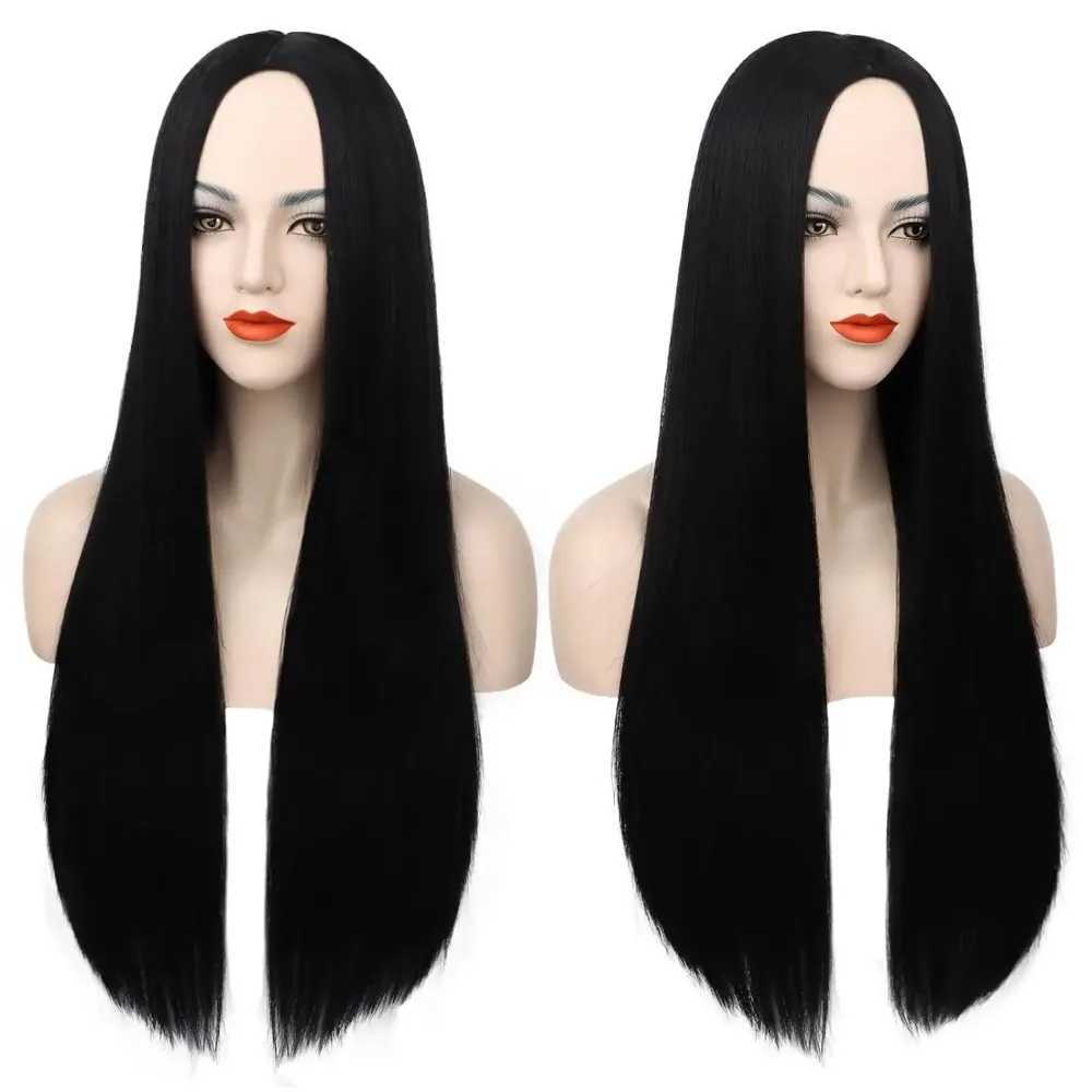 40inch Black Synthetic Wig Morticia Addams Costume Long Natural Straight Wednesday Wigs for Women Halloween PartyXJ241008