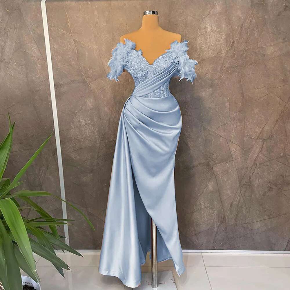 Pink Satin Feather Evening Ladies Party Sleeveless Beaded Sexy Prom Mermaid High Split Formal Ocn Dress