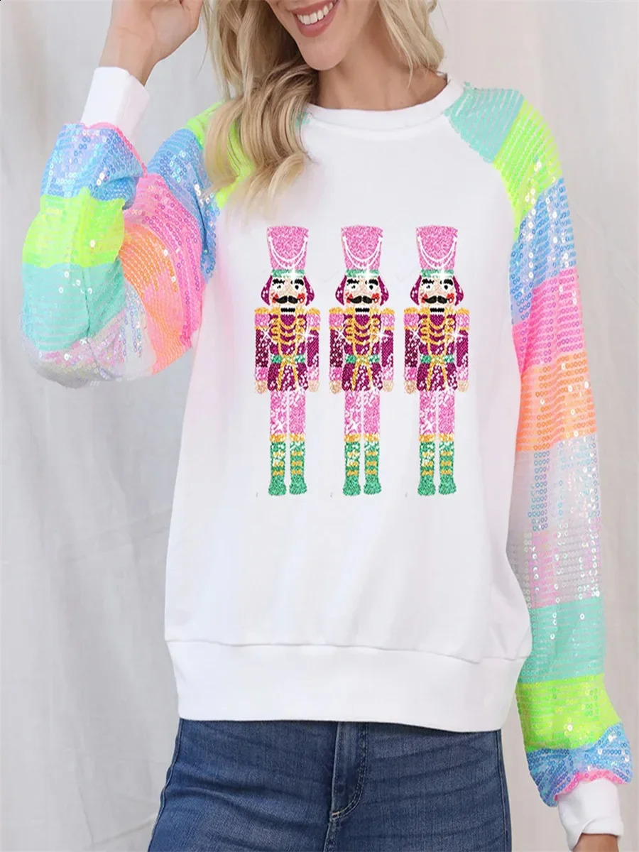 Women Christmas Sweatshirts Fashion Sequin Long Sleeve Round Neck Pullovers Casual Oversized Tops 2024 Holiday Soldier Hoodie 241008