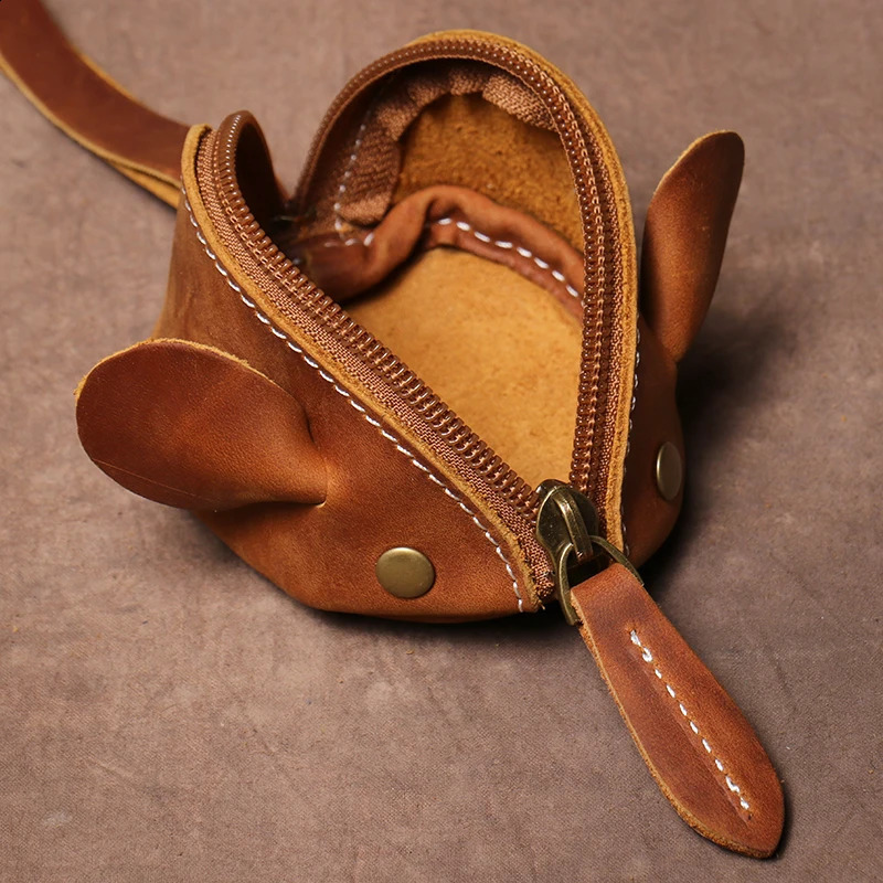 LUOKIR Retro Genuine Leather Small Coin Wallet Mens Creative Mouse Keybox Womens Portable Zipper Childrens Storage Bag 241008