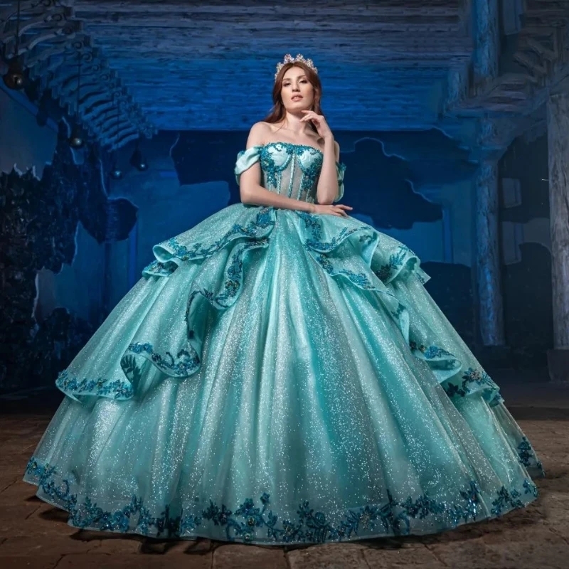 Aqua Blue Quinceanera Dresses Ball Gown Floral Sweet 16 Dress Lace Appliques Beading Tull Off Shoulder Party Birthday Vestidos De 15 Anos