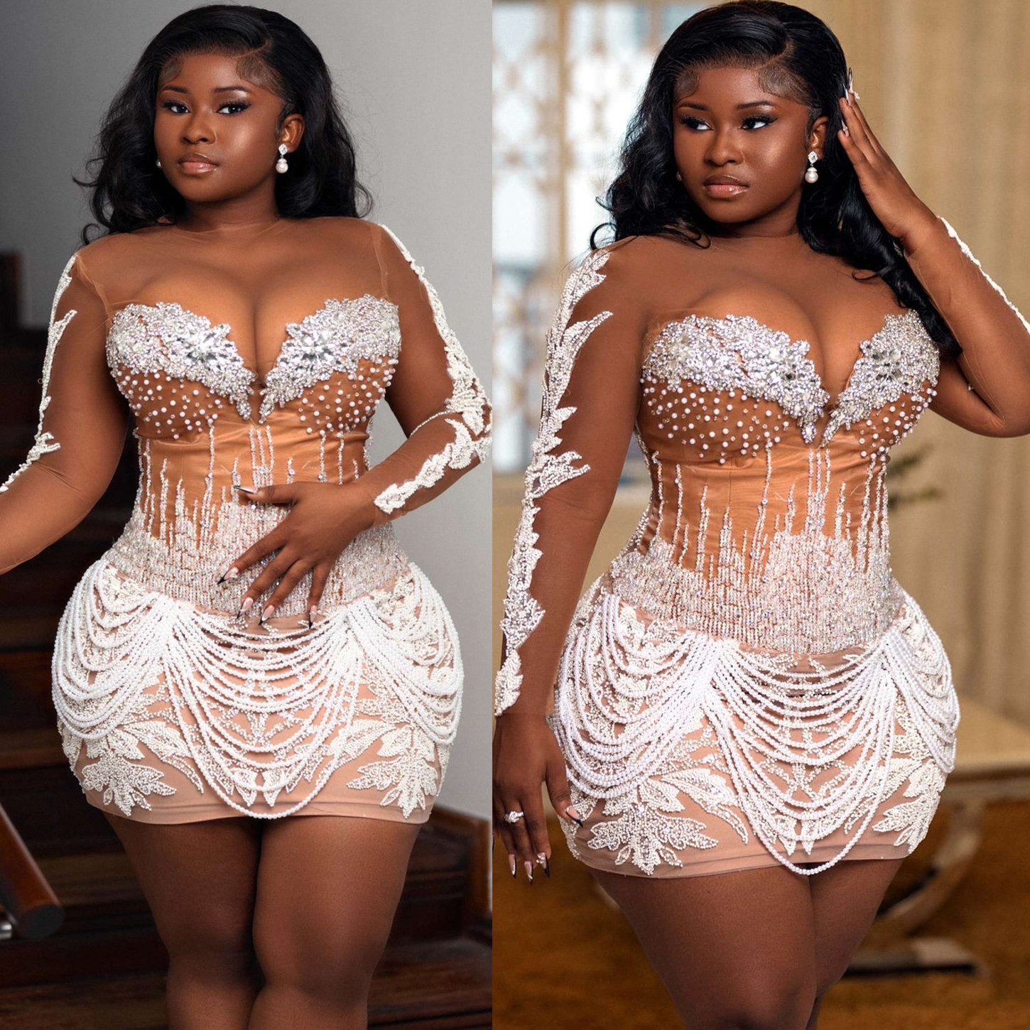 Chic Ivory Illusion Sheath Cocktail Dress Full Sleeves Rhinestones Lace Beaded Short Mini Graduation Homecoming Dresses For Special Occasions Sweethea