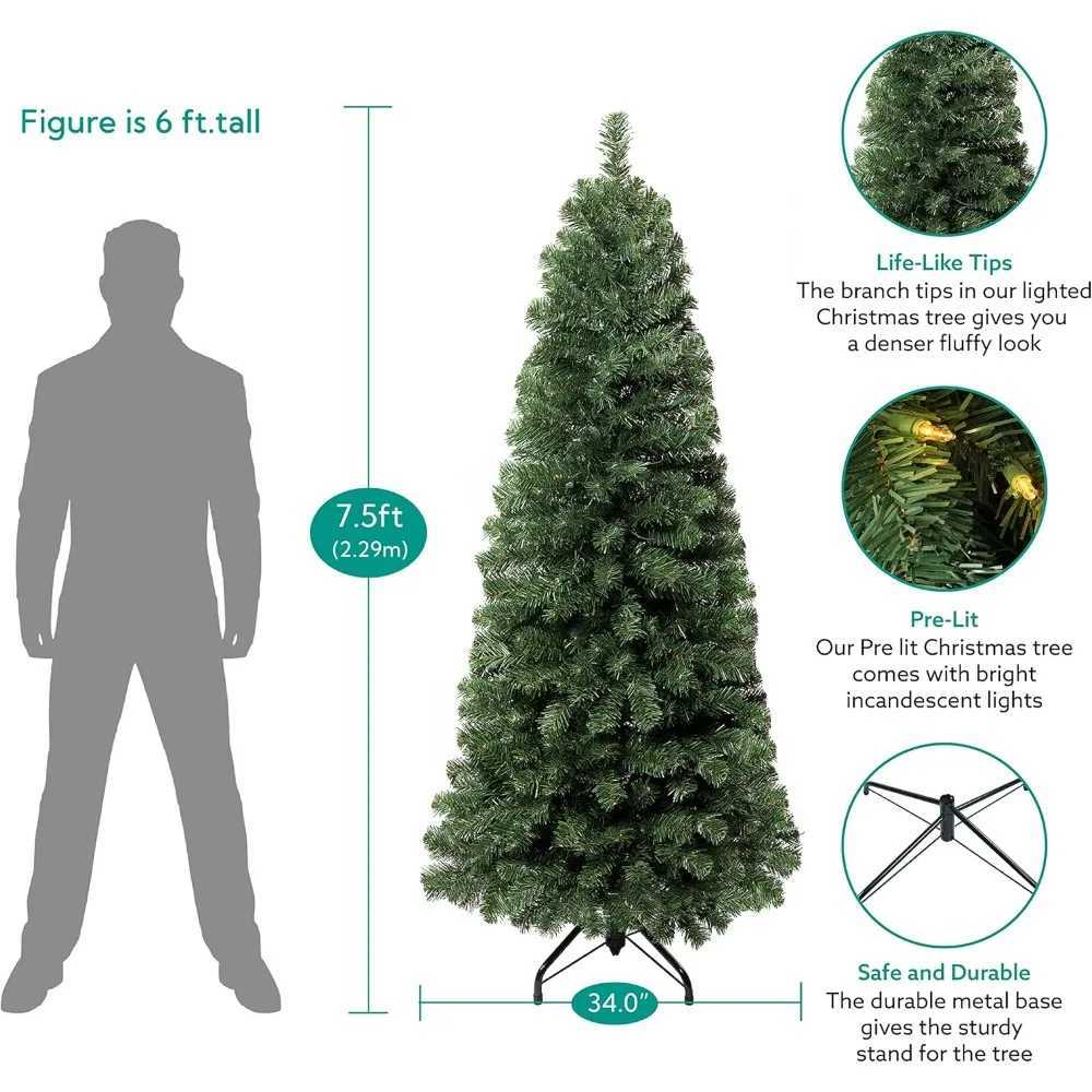 Prelit ultra-thin artificial Christmas tree with branch tips warm lights and metal brackets W241008
