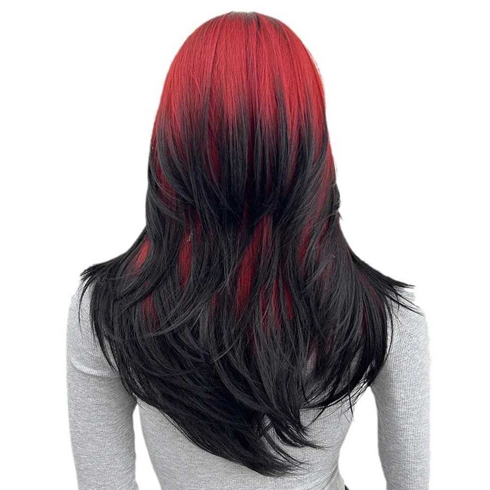 Ombre Red to Black Synthetic Wigs with Bangs Long Straight Layered Wig Colored Party for Women Heat Resistant HairXJ241008