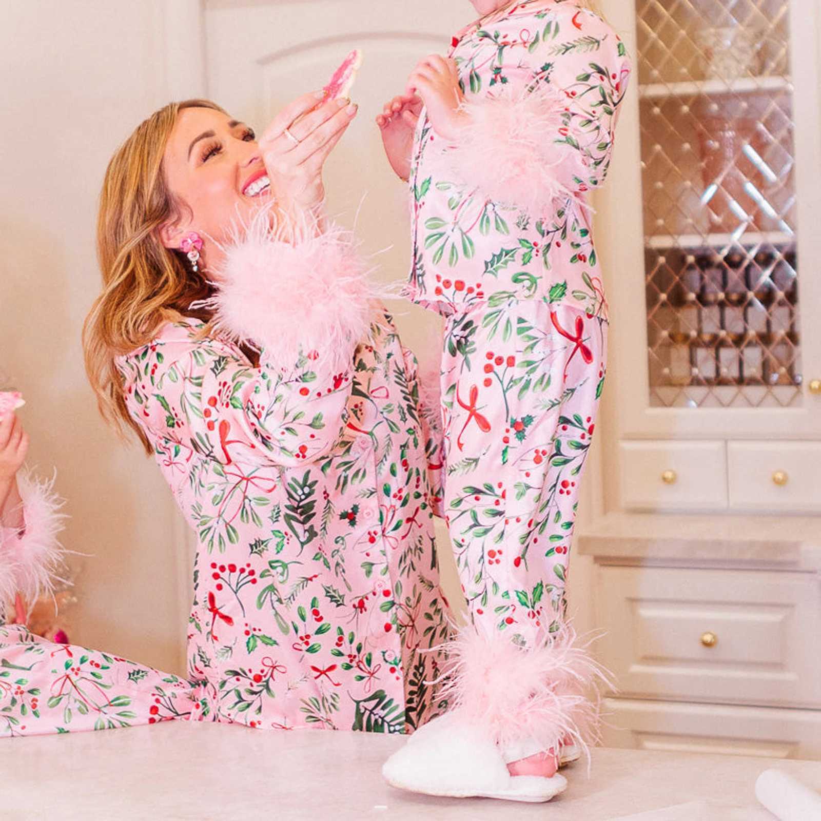 Hirigin Mommy and Me Christmas Pajama Set with Feather Edge Long Sleeve Button Bottom Matching Christmas Pajamas W241008