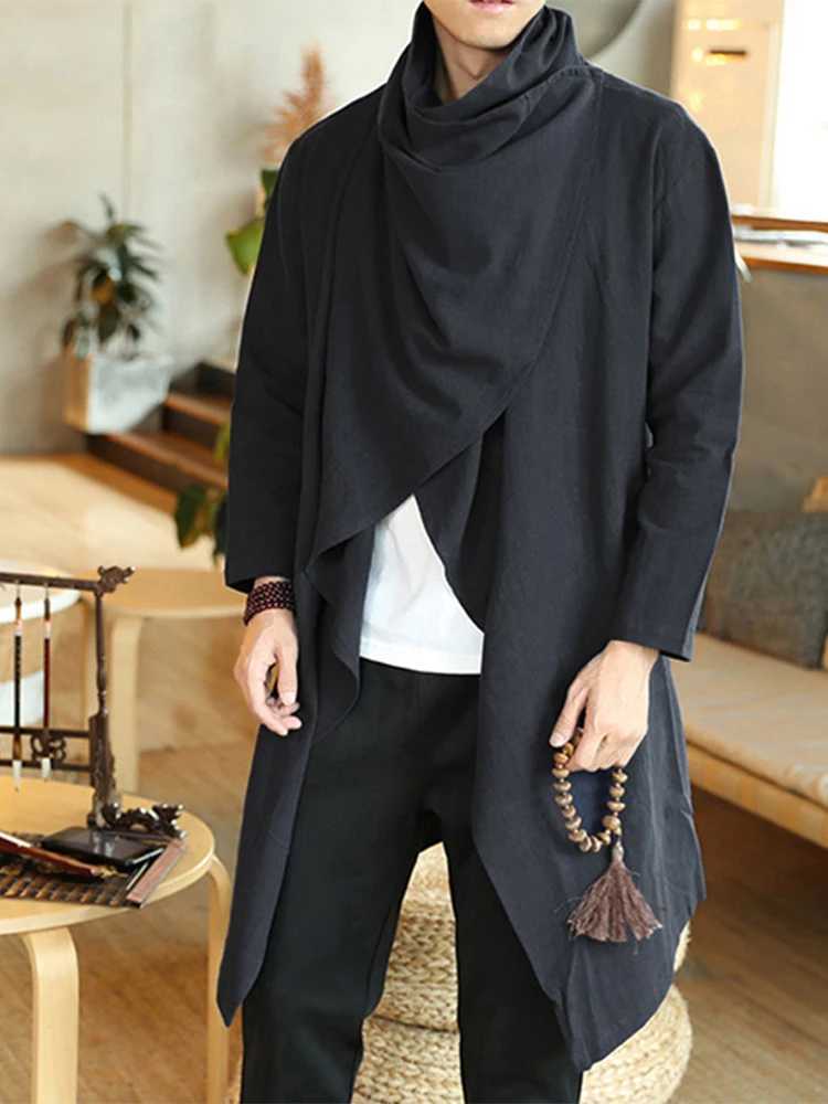 Mens retro jacket trench windproof casual pure cotton solid color scarf collar irregular long sleeved cape loose fashion new W241007