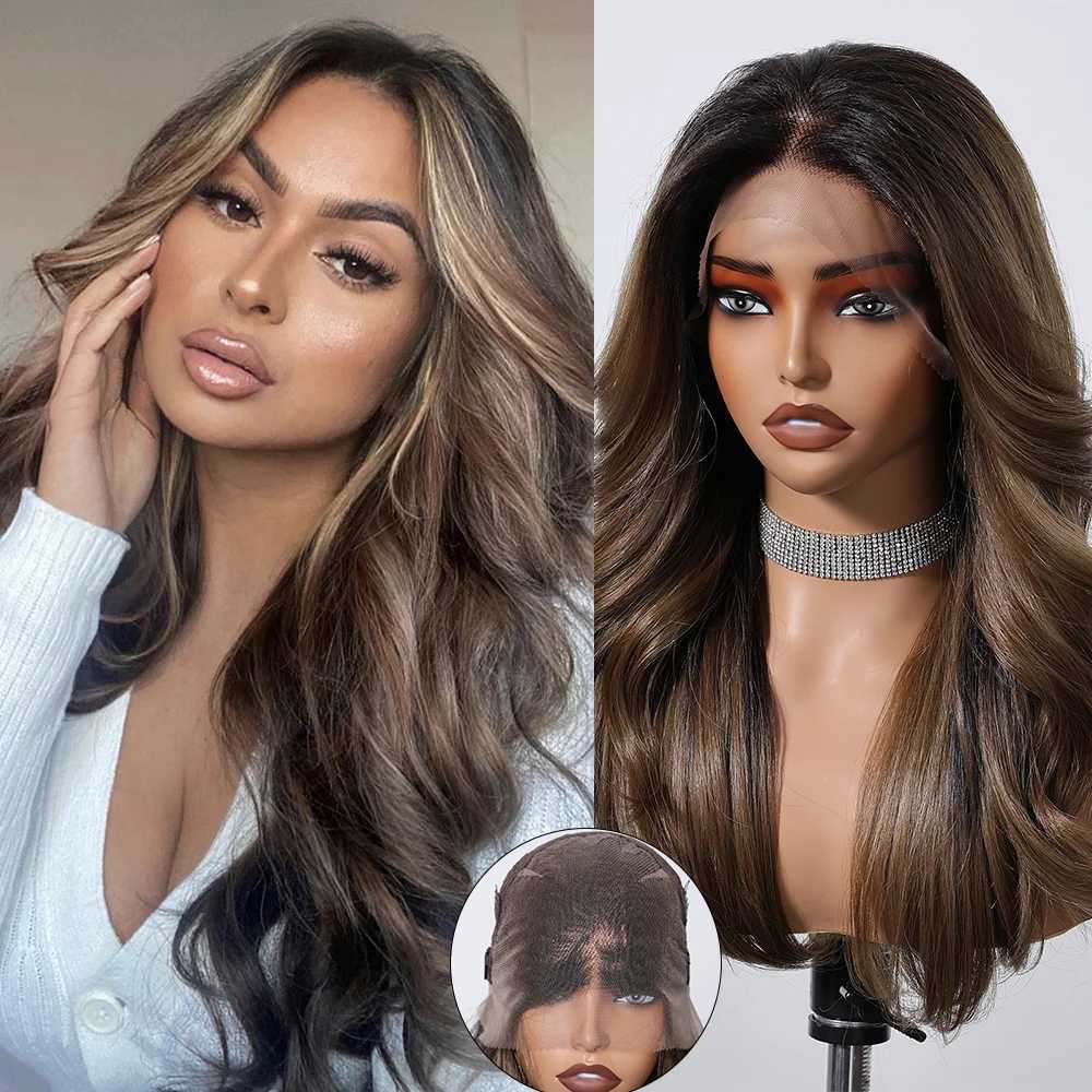 Long Body Wave Synthetic Wigs 13*6 Transparent Lace Frontal Wig Pre Plucked Black Brown Highlight Loose Wave Wig for Afro WomenXJ241008