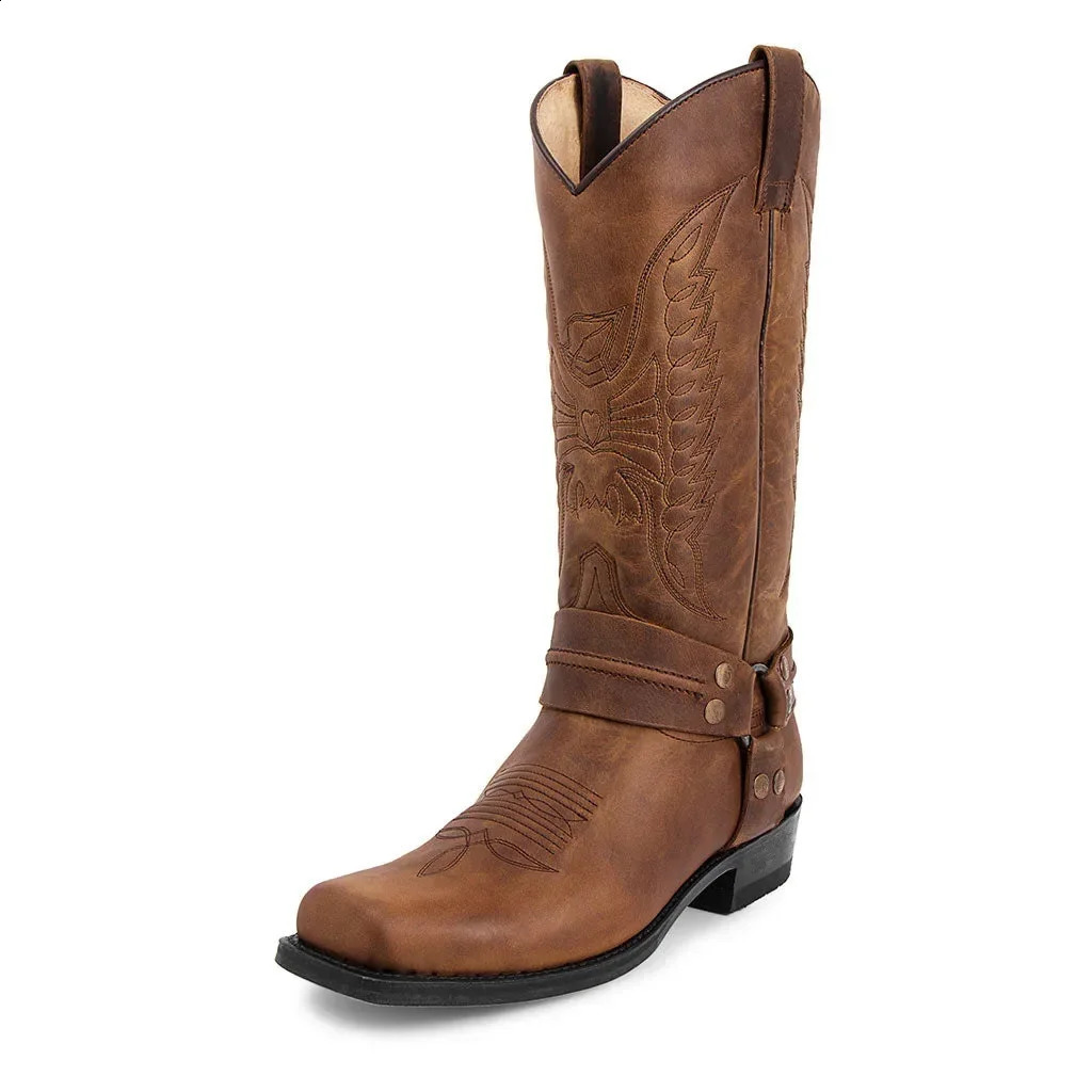 Cowboy Boots for Men Vintage Knight Shoes Leather Embroidery Mid Heel Motorcycle 2023 Casual West Boot Botas 240924 0198