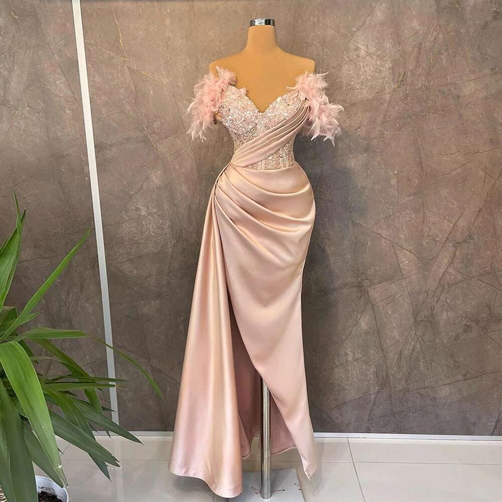 Pink Satin Feather Evening Ladies Party Sleeveless Beaded Sexy Prom Mermaid High Split Formal Ocn Dress