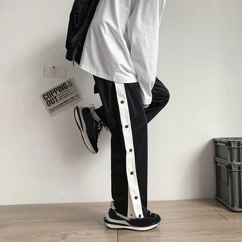 Side Button Sweatpants Men Spring Autumn Sport Jogger Striped Patchwork Wide Leg Jogging Sportswear Fashion Tracksuit StreetwearX241008