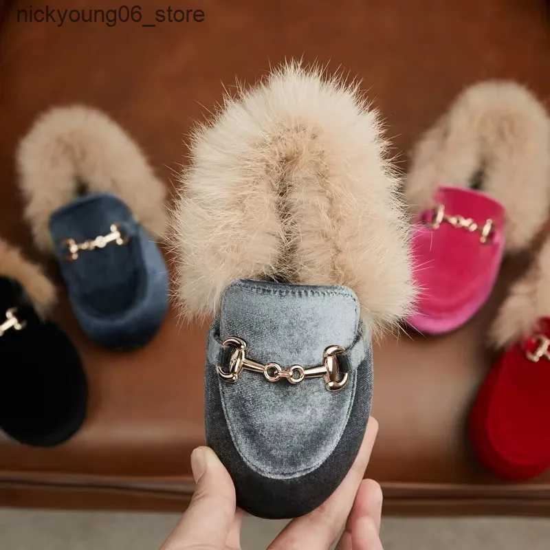 Boots Winter Kids Fur Princess Shoes Baby Girls Velvet Brand Flats Children Slip On Shoes Toddler Fashion Dress Loafers Boys Moccasin L240910