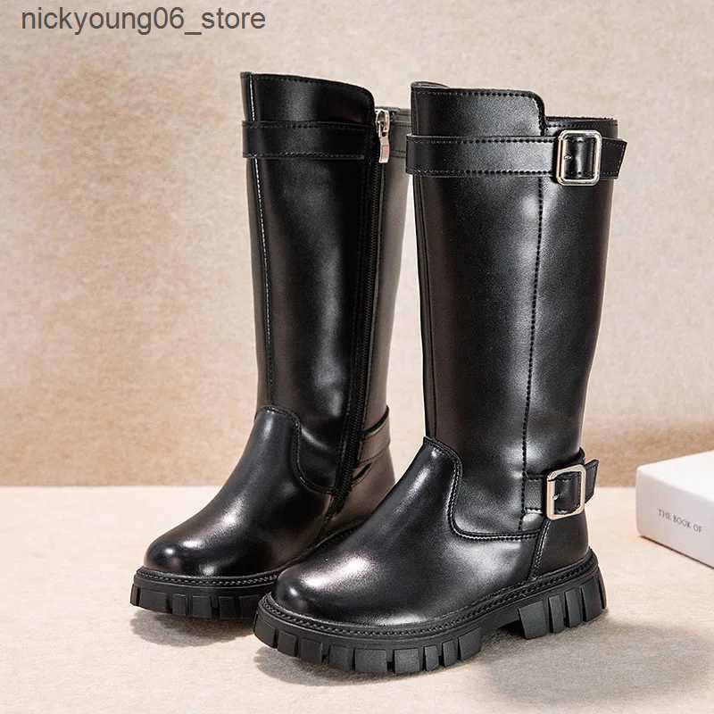Boots Winter Childrens Boots Black School Girls Long High Boots Fashion Causal Warm Kids Cotton Boots Thick Bottom Mid-Calf Versatile L240910