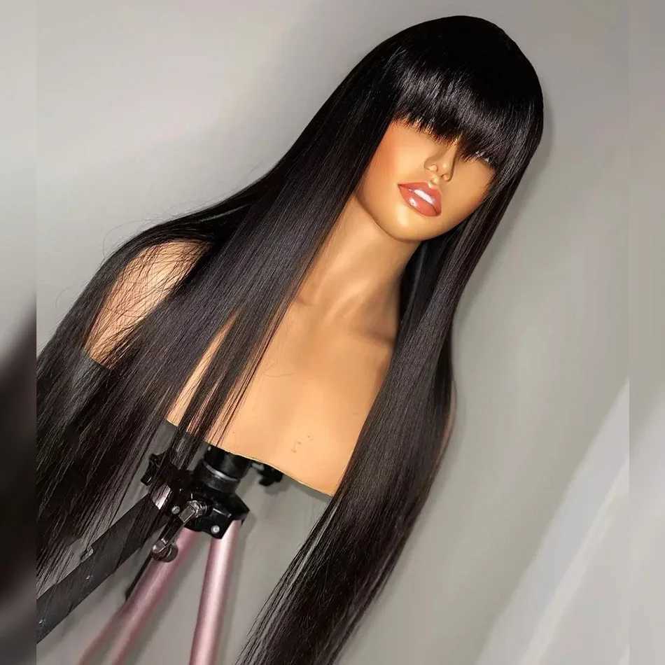 Brazilian Bone Straight Long 100% Human Hair Wigs With Bangs Natural Black Fringe Wig With Bangs For Women cheap wigs on SaleXJ241008