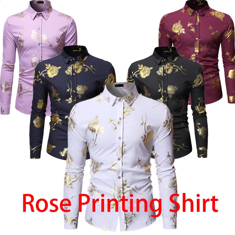 Mens Golden Rose Flower Printed Shirt Flower Steampunk Chemical White Long Sleeve Wedding Party Bronze Kamissa Masculina 241008