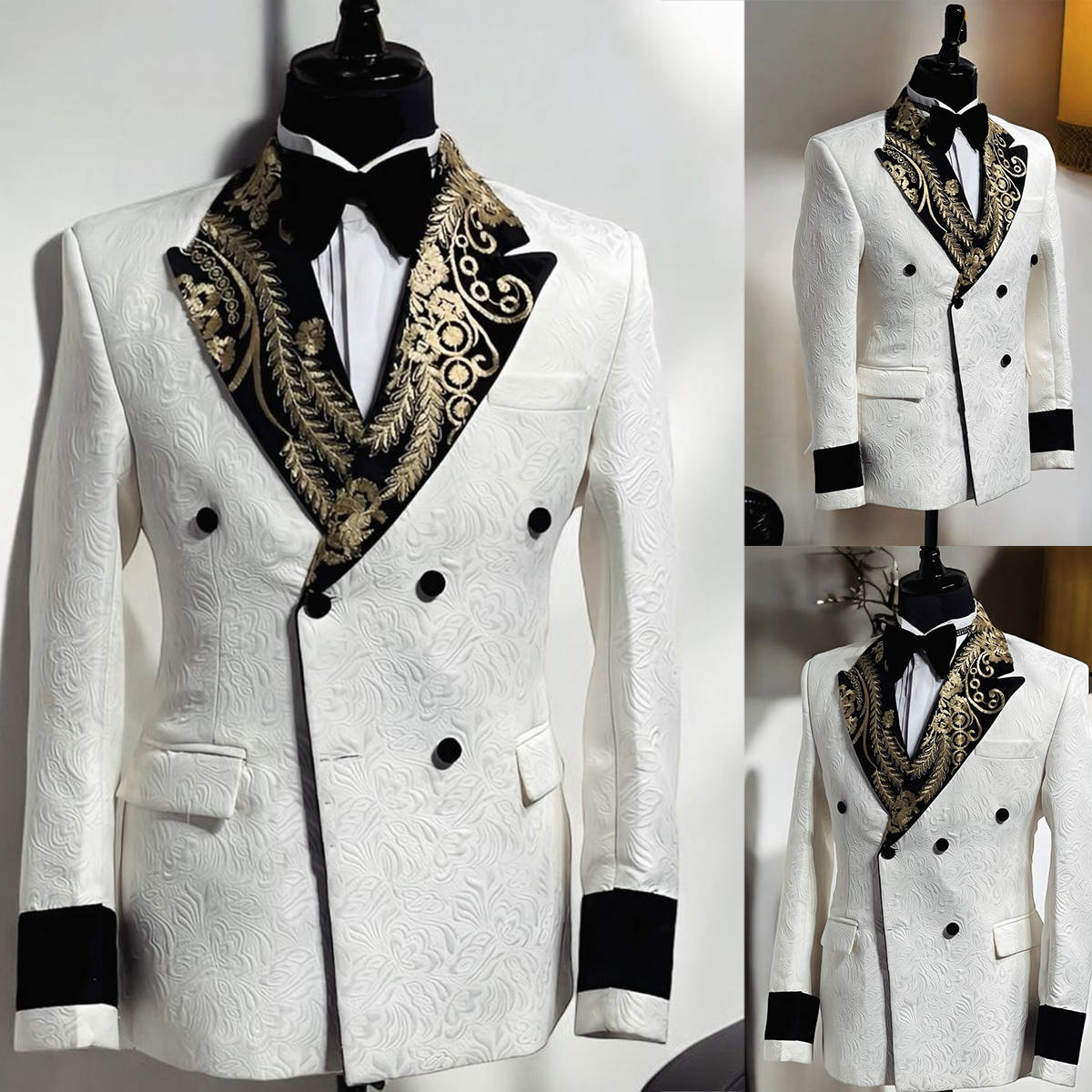 Elegant Wedding Suits Peaked Lapel Jacket 2 Piece Set Appliqued Jacquard Men's Tuxedo Tailored Dinner Prom Groom Blazer Custom Made(Coat+Black Pa