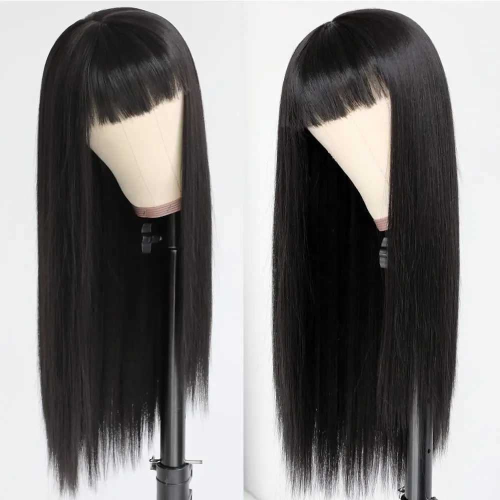 28 Inch Black Synthetic Hair Wig With Full Bangs Long Straight Wig Natural Soft Hair Heat Resistant Silk Headpiece For WomenXJ241008
