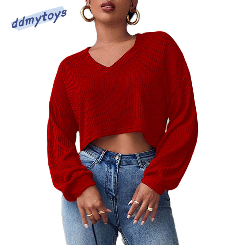 dongdumaoyi autumn and winter casual solid color long sleeved loose knit V neck crop top T shirt women 's clothing F1008#21